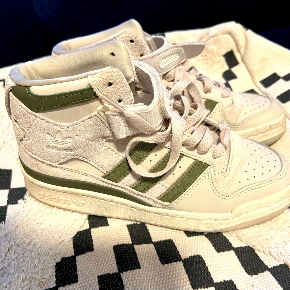 Off white and green Adidas hight top shoes. Women’s size 7 men’s 5.5